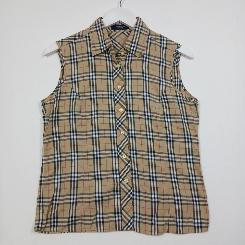 Burberry London Sleeveless Nova Check Plaid Cotton Button Down Shirt Tan Large